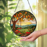 Fruit Tree Stained Glass Suncatcher, Round Orchard Swing Sunset Window Panel, Rustic Farmhouse Nature Glass Art Country Home Decor Gift